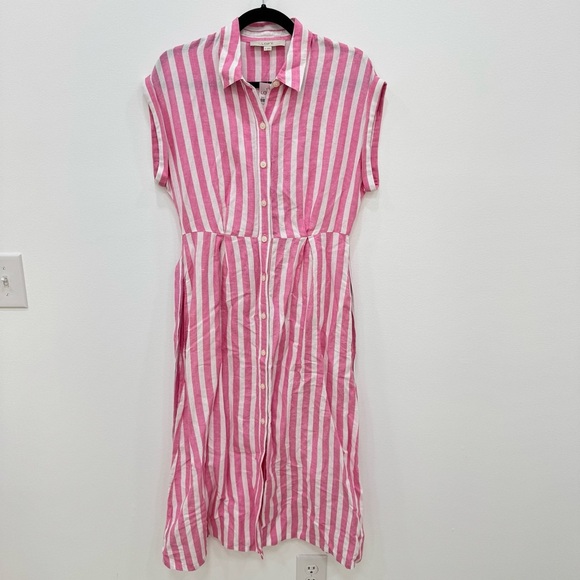 LOFT Striped Tie Waist Midi Shirtdress Poppy Linen blend Sz 0 New with tags - Picture 9 of 9